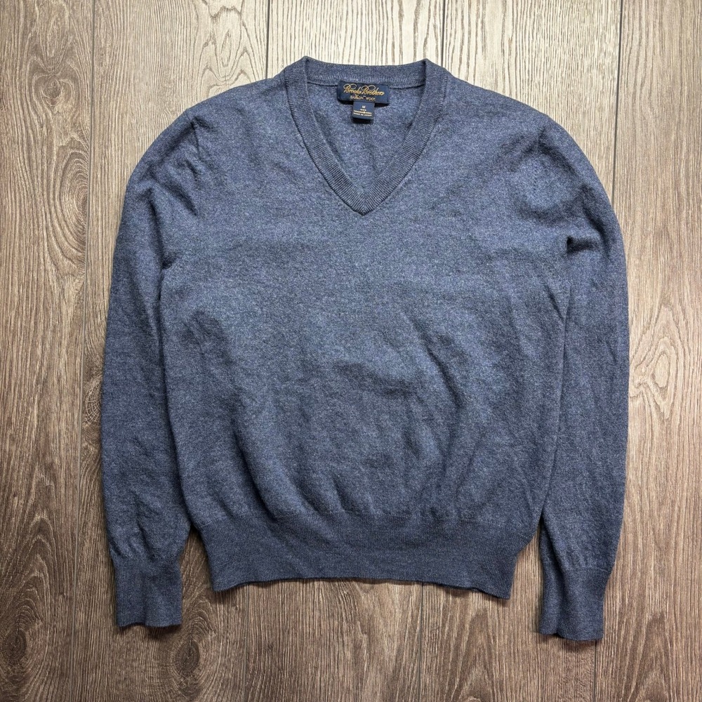 Brooks Brothers Saxxon Wool V-Neck Sweater Mens Medium Blue Heather Knit 7586